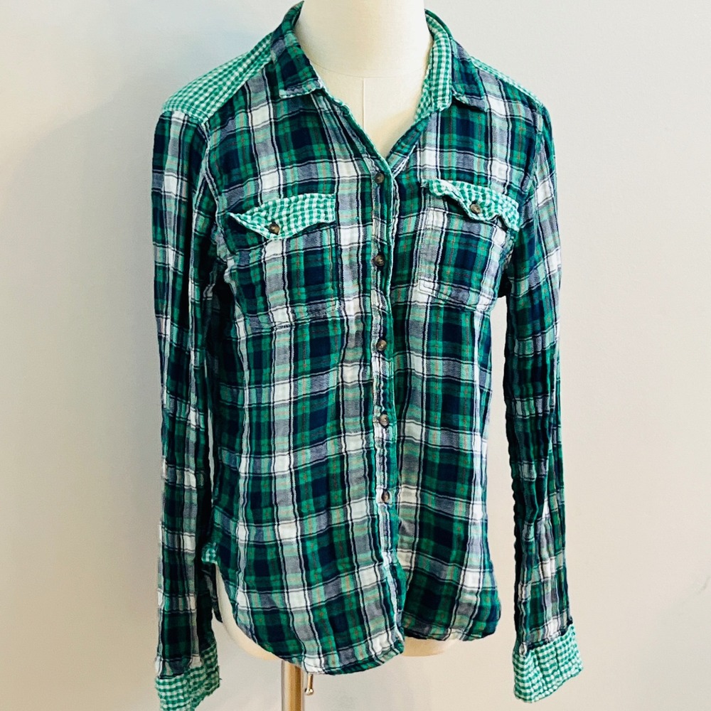 Abercrombie & Fitch Womens M Plaid Gingham Mixed Media Button Down Shirt Green